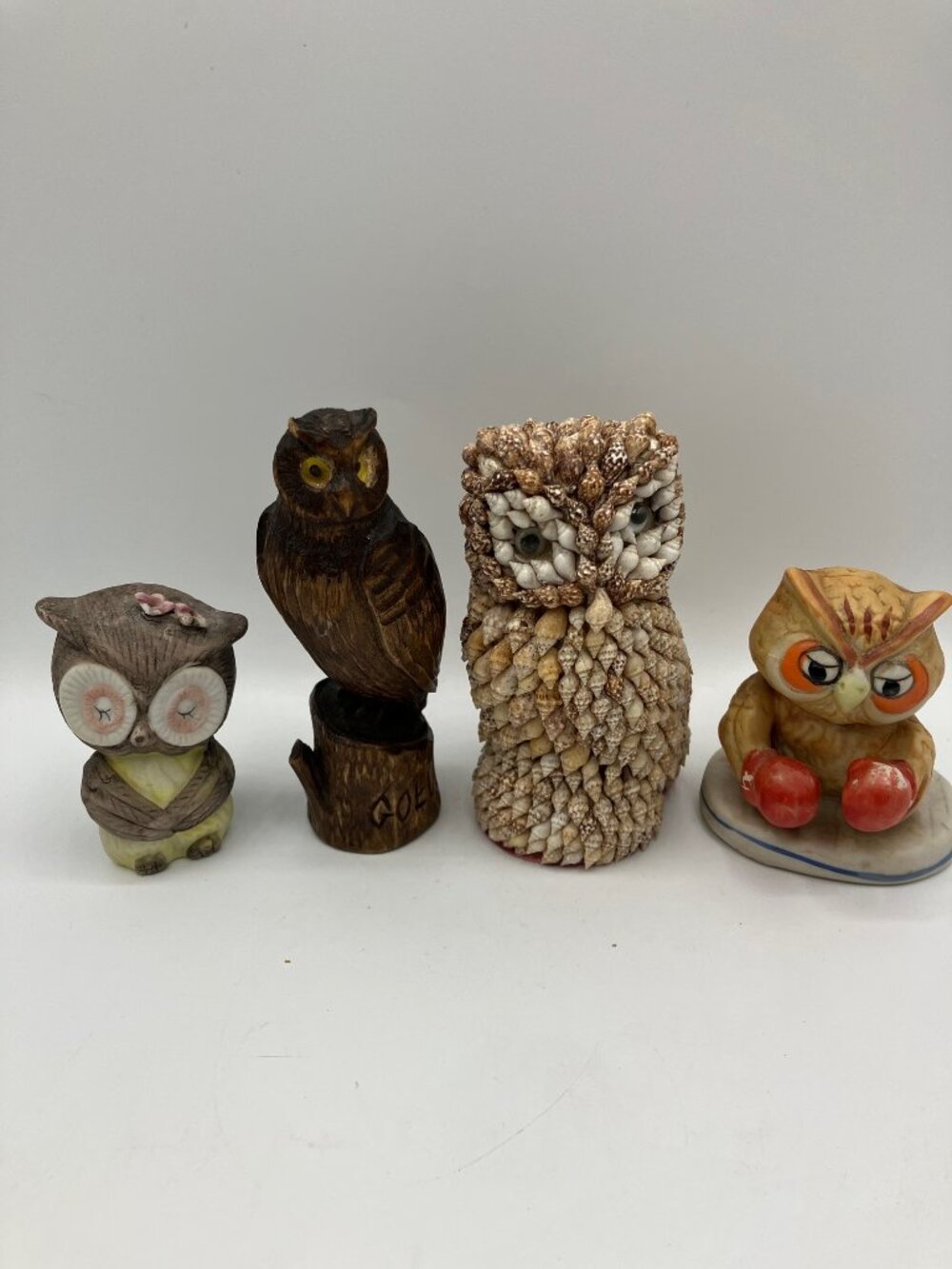 Four Owl Figurines Ceramic, Wooden & Seashell  3"H to 4.5"H Vintage